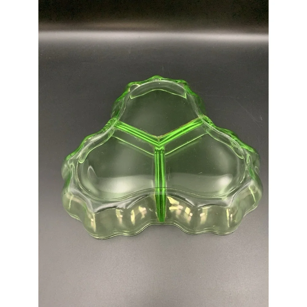 Vintage Green Uranium Glass Divided Nut Or Relish Tray